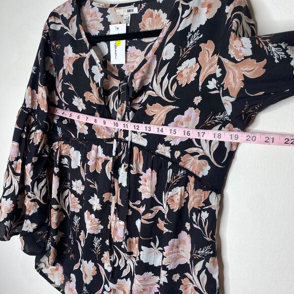 NWT Amuse Society Black Peach Pink Floral Long Bell Sleeve VNeck Boho Blouse SM - Picture 10 of 12